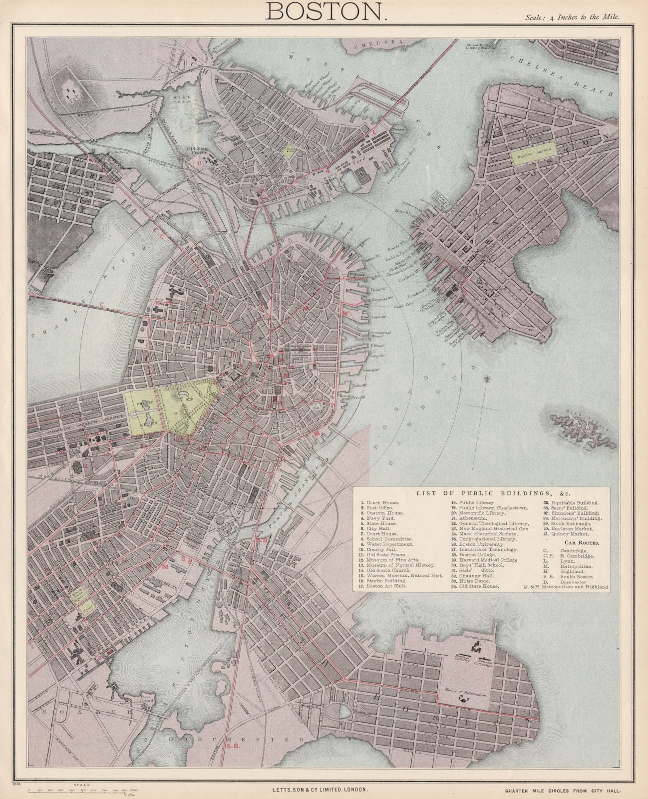 BOSTON antique town city map plan. Charlestown. LETTS 1889 old